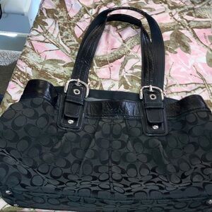 Large Vintage Coach Black Signature Canvas Shoulder Tote with Leather Trim